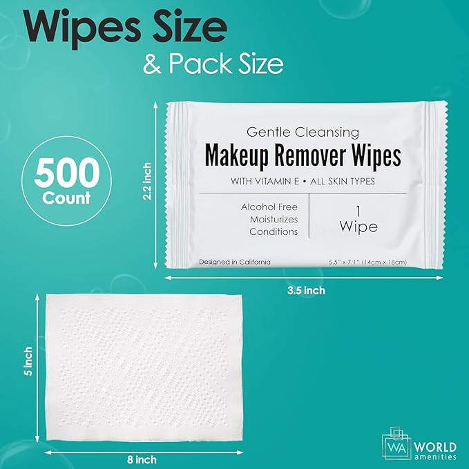 World Amenities - Bulk Makeup Remover Wipes | 500 Count| Individually Wrapped, Gentle Cleansing, Alcohol Free - All Skin Types - Vitamin E - 100% Recyclable, Hotel Travel Size Toiletries