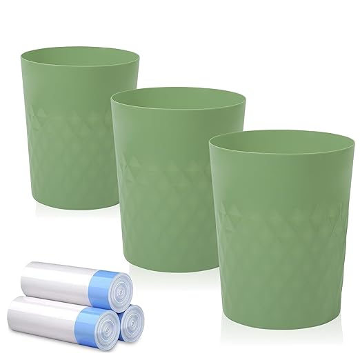 JiatuA 3 Pack Small Trash Can with Trash Bags Bathroom Garbage Bin Round Plastic Waste Basket for Kitchen, Bedroom, Office, College Dorm, Craft Room, Green