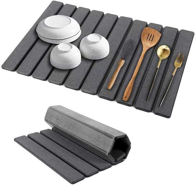 Stone Dish Drying Mat for Kitchen Counter, 24''×15'' Dishes Drying Matt Kitchen Counter, Absorbent Diatomaceous Earth Bath Quick Dry Mats for Tableware, Bottles and Cup (Dark Grey)