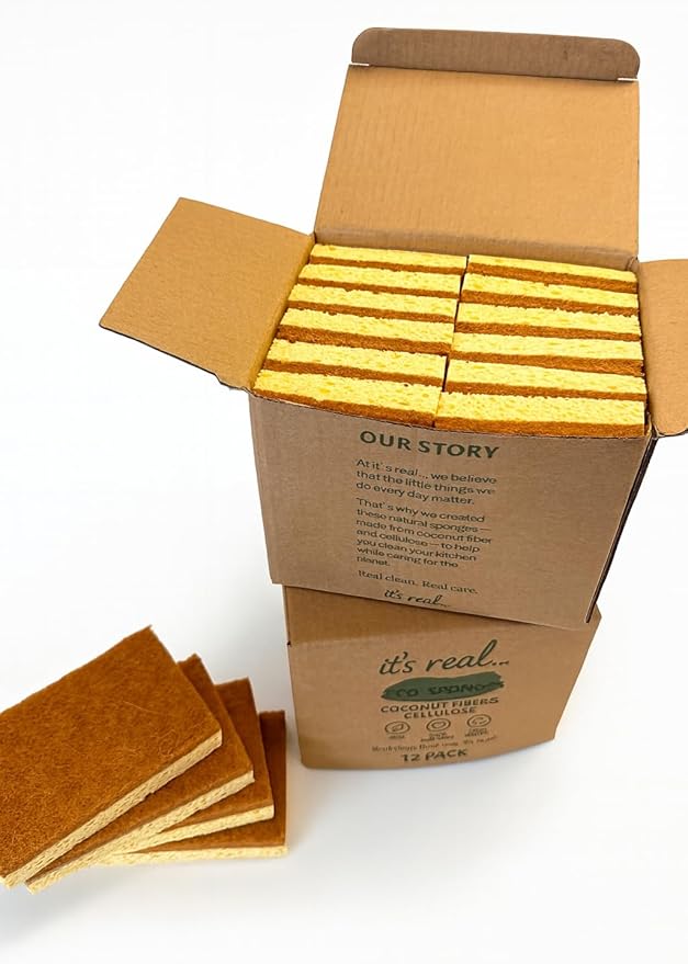 Eco Sponges – Coconut & Cellulose Kitchen Sponges, Biodegradable, Compostable, Plastic-Free Cleaning Scrubbers (12 Pack)