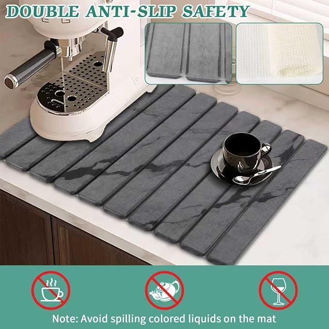 Stone Dish Drying Mat for Kitchen Counter, 24''×15'' Dishes Drying Matt Kitchen Counter, Absorbent Diatomaceous Earth Bath Quick Dry Mats for Tableware, Bottles and Cup(Dark Grey Marble)