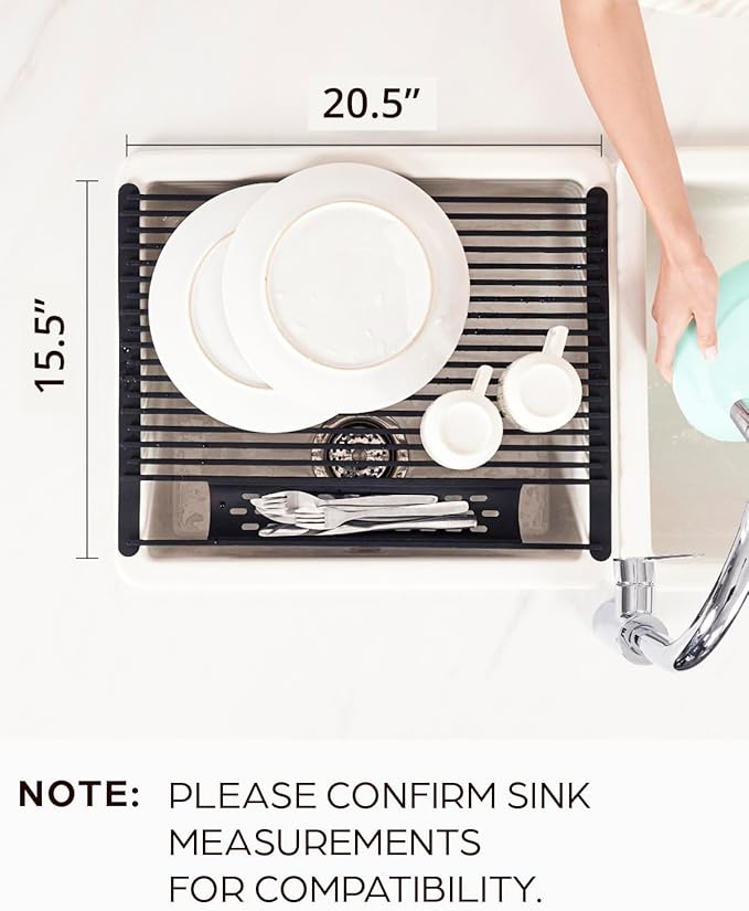 Large Dish Drying Rack for Kitchen Sink - Over Sink Dish Drying Rack to Dry Dishes & Drain Items - Modern & Stylish Dish Rack Set with Extra Side Tray - Space-Saving Roll-Up Counter Drainboard - Black