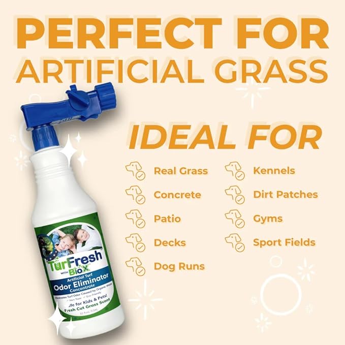 TurFresh BioX Artificial Turf Odor Eliminator Concentrate – 32 oz Bottle, Fresh Cut Grass Scent – Pet-Safe Turf Cleaner for Urine and Feces Odor Removal – All-Natural, Non-Toxic, Kid Safe