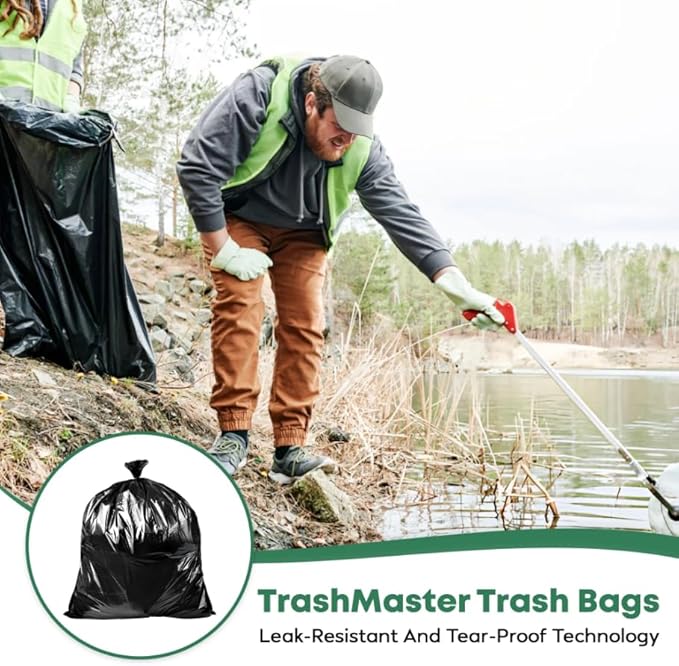 65 Gallon Contractor Heavy Duty Garbage Bags | 30 Bags w/Ties | X-Large 3 MIL Thickness | For Large Commercial Jobs | Construction Clean Up | Trash bags for Yard Clean up - TrashMaster (30)