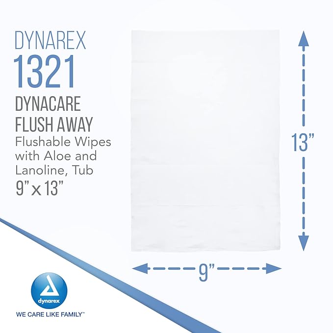 Dynarex DynaCare Flushable Wipes, Bathroom Hygiene Wipes for Adults, Alcohol Free, Safe for Sewers and Septic Systems, 9” x 13” wipes, 1 Case of 9 Tubs (60 Wipes per Tub) [Packaging May Vary]