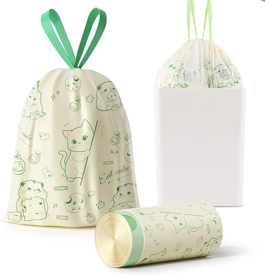 Trash bags, 4 Gallon Trash Bags Drawstring, Colorful & Portable Small Trash Bags with Cats & Mice Printed, Tear-Resistant Garbage Bags 4 Gallon for Bathroom Office Trash Cans, 32 Count