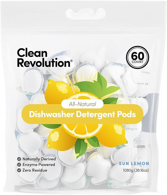 Clean Revolution All Natural Dishwasher Detergent Pods, 60 Pods, Enzyme Powered, No Chemical Additives, No Residue - SUN LEMON - Made in USA