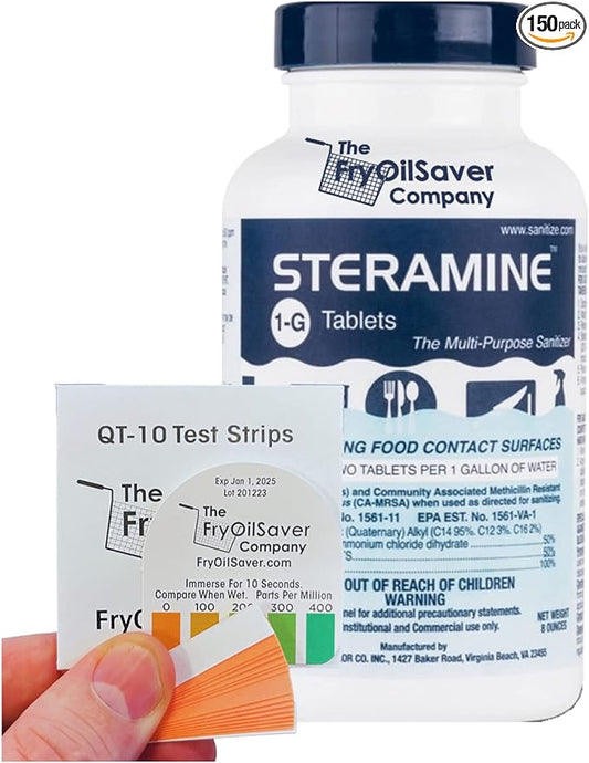 1 Bottle Steramine Sanitizer Tablets w/15x QT-10 Test Strips - Multi Purpose Steramine Sanitizing Tablets for Food Contact Surface, Kitchen, Restaurant, Food Service by FryOilSaver (150 Count)
