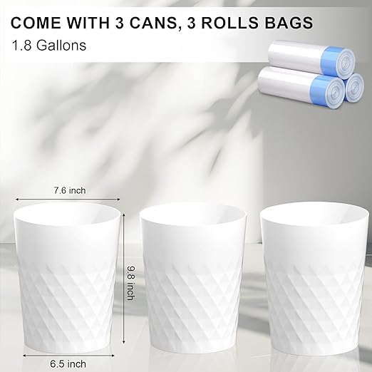 JiatuA 3 Pack Small Trash Can with Trash Bags Bathroom Garbage Bin Round Plastic Waste Basket for Kitchen, Bedroom, Office, College Dorm, Craft Room, White