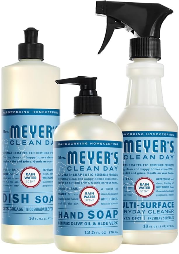 Mrs. MEYER'S CLEAN DAY Kitchen Set, Dish Soap, Hand Soap, Multi-Surface Cleaner, 3 CT (Rain Water)