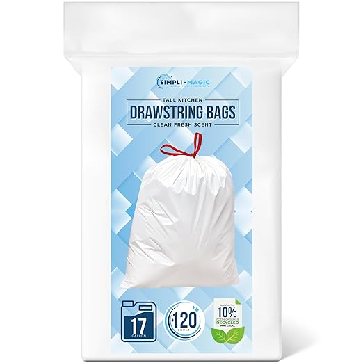 SIMPLI-MAGIC 17 Gallon Drawstring Trash Bags, 120 Pack – Tall Kitchen Garbage Bags, Custom Made with Premium Materials (White)