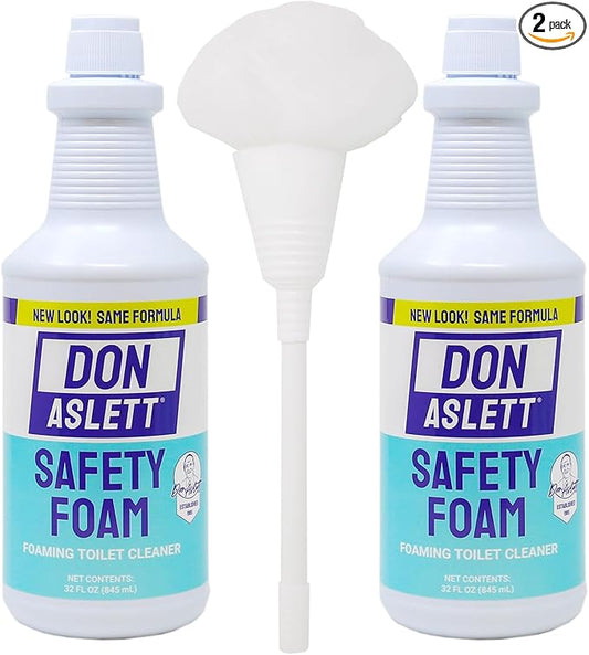 Don Aslett Johnny Mop & Safety Foam Toilet Bowl Cleaner (Two 32 Oz Bottles) Set | Acidic Detergent and Deodorizer | 14" Handle to Easily Clean Toilet or Shower | Scratch Free Bowl Swab