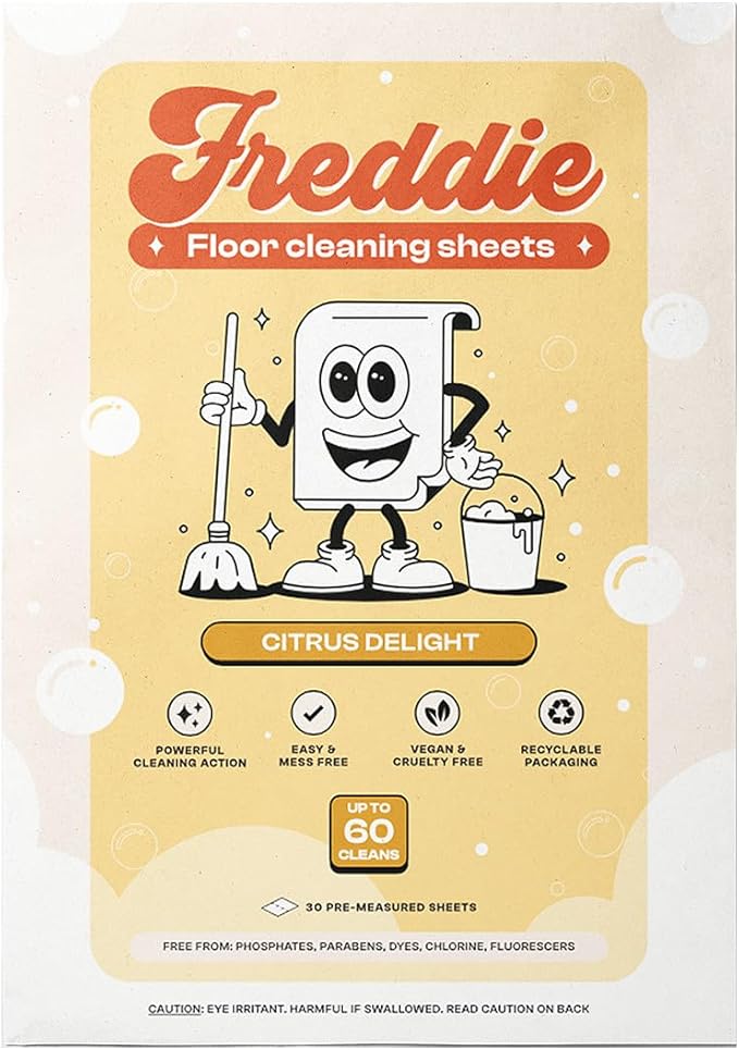 Freddie Floor Cleaning Sheets - Citrus Delight Scent - Plastic Jug-Free - Multi-Surface Cleaner for Hardwood Tile Vinyl - 60 Uses (30 Sheets)