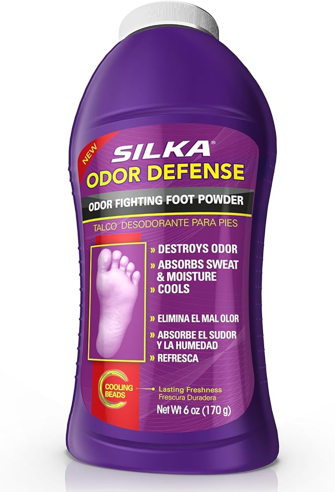 SILKA Odor Fighting Foot Powder & Shoe Deodorizer with Corn Starch Powder, Talc & Cooling Beads for Lasting Freshness, Absorbs Sweat & Excess Moisture, 6 Oz