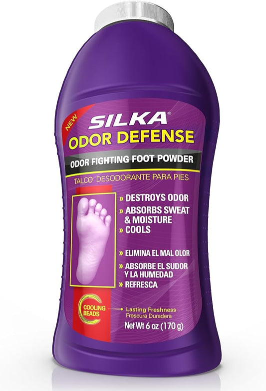 SILKA Odor Fighting Foot Powder & Shoe Deodorizer with Corn Starch Powder, Talc & Cooling Beads for Lasting Freshness, Absorbs Sweat & Excess Moisture, 6 Oz