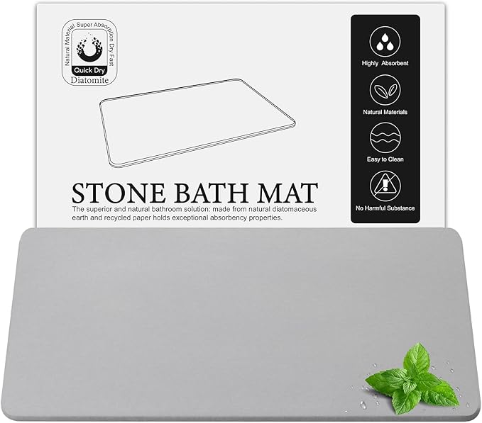 Large Diatomite Stone Bath Mat, Premium Non-Slip Natural Diatomaceous Earth Bathtub Fast Drying Mats for Bathroom Floor (30" x 17" Light Grey)