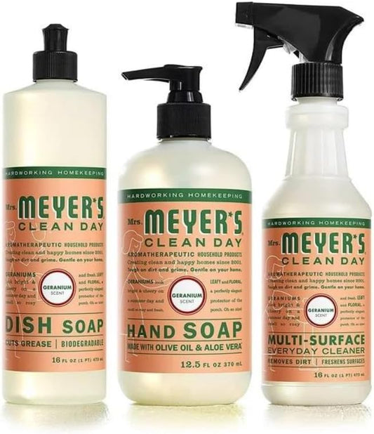 Mrs. MEYER'S Kitchen Set, Dish Soap, Hand Soap, and Multi-Surface Cleaner, 3 CT (Geranium)