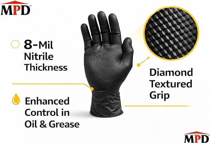 MPD Cobra Guard PRO Black 8-Mil Nitrile Gloves, Diamond Textured Torque Grip.