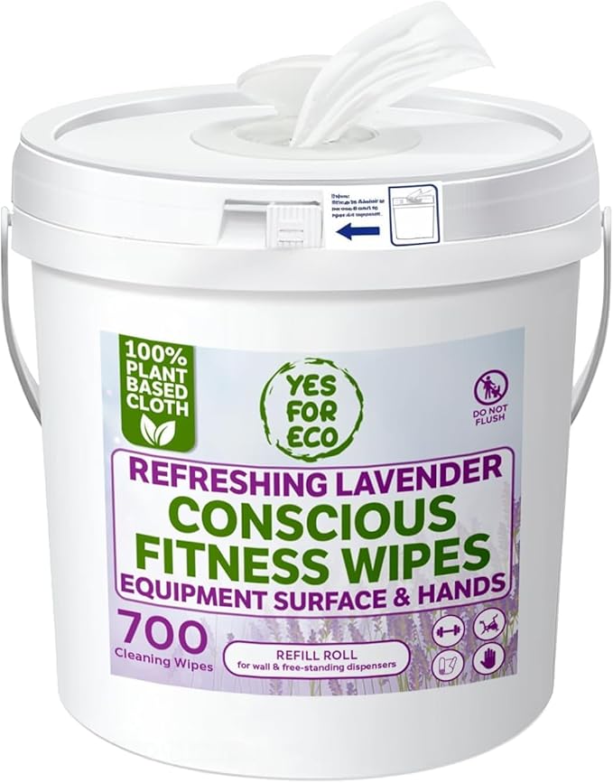 Plant-Based Eco-Conscious Fitness Wipes – 700 Count Refill + Reusable Dispenser Bucket | Infused with Lavender & Tea Tree Oil | All-Purpose Cleaning Wipes for Yoga, Pilates, and Gym Equipment