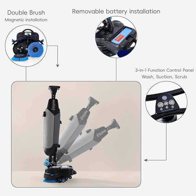 Commercial Electric Floor Scrubber Tile Polisher, Carpet Extractor Power Scrub Brush, Imop. 360°Rotating, Self-Propelled, Convenient Cordless. Fits Vinyl, Rubbermaid, Concrete, Luxury Vinyl Floor.