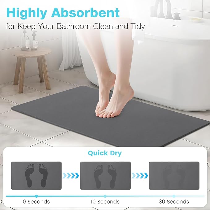 Large Diatomite Stone Bath Mat, Premium Non-Slip Natural Diatomaceous Earth Bathtub Fast Drying Mats for Bathroom Floor (30" x 17" Dark Grey)