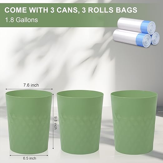 JiatuA 3 Pack Small Trash Can with Trash Bags Bathroom Garbage Bin Round Plastic Waste Basket for Kitchen, Bedroom, Office, College Dorm, Craft Room, Green