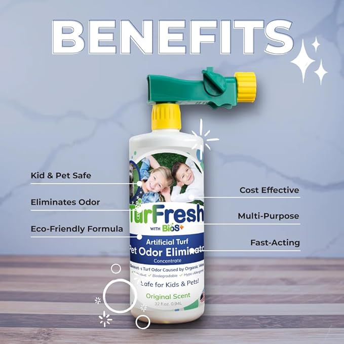 TurFresh BioS+ Artificial Turf Pet Odor Eliminator – Enzyme Concentrate for Dog Urine and Feces for Artificial Grass, Kennels & Outdoor Surfaces – Safe for Kids, Pets & Plants – 32 oz Bottle
