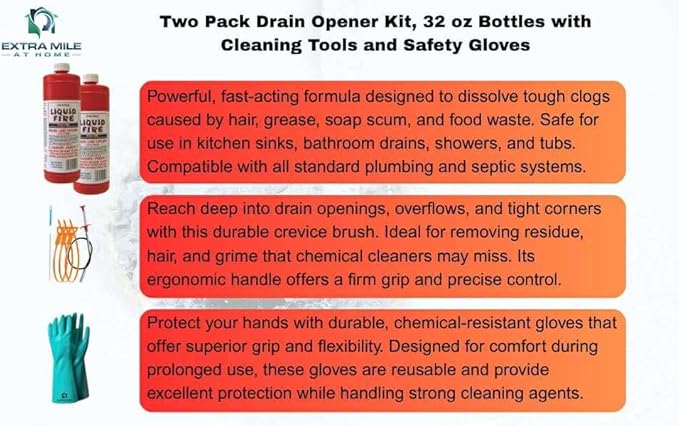 Drain Clog Remover Bundle with Two 32 fl oz Drain Cleaner Bottles, Cleaning Tools & Protective Gloves - 6 Items - Heavy-Duty Acid Formula for Tough Kitchen Sink & Shower Clogs