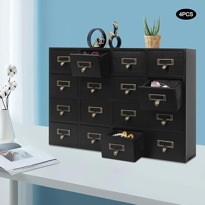 4PCS Card Catalog Desk Drawer Organizer,Wooden Vintage Apothecary Cabinet with 16 Drawers,Library Card Catalog Cabinet for Bedroom Home Office
