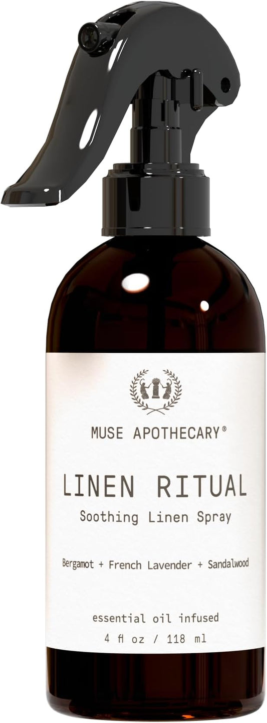 Muse Apothecary Linen Ritual - Aromatic, Soothing, and Relaxing Linen Mist, Laundry and Fabric Spray - Infused with Aromatherapy Essential Oils - 4 oz, Bergamot + French Lavender + Sandalwood