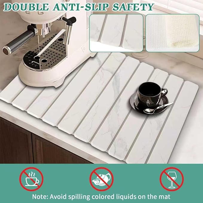 Stone Dish Drying Mat for Kitchen Counter, 24''×15'' Dishes Drying Matt Kitchen Counter, Absorbent Diatomaceous Earth Bath Quick Dry Mats for Tableware, Bottles and Cup(White Marble)