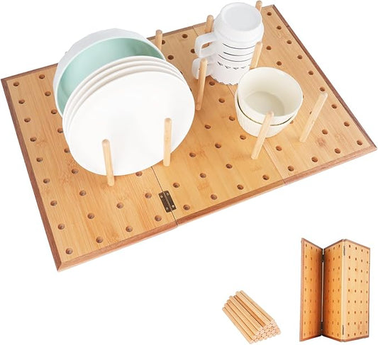 Foldable Pegboard Organizer for Kitchen – Bamboo Base & Acacia Wood Edge Dish Rack for Kitchen Countertop, and Drawer, 24 Pegs, 23.6" x 15.7"