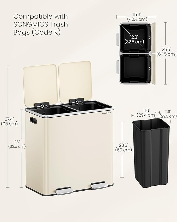 SONGMICS Trash Can, 2 x 10.6 Gallon (2 x 40 L) Garbage Can for Kitchen, with 15 Trash Bags, 2 Compartments, Plastic Inner Buckets and Hinged Lids, Airtight, Almond Color ULTB730A01V1