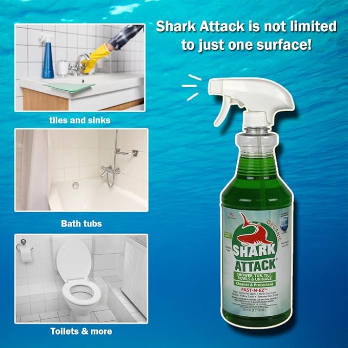 Shark Attack Organic - Bathroom Cleaner & Protectant, Shower Tile Cleaner, Soap Scum and Buildup Cleaner & Protectant - 32 oz (12)