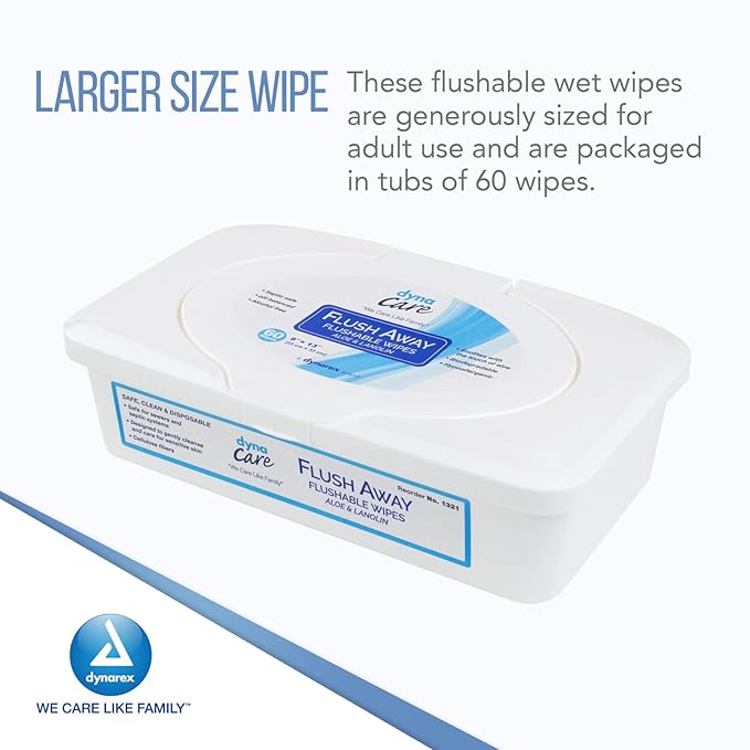 Dynarex DynaCare Flushable Wipes, Bathroom Hygiene Wipes for Adults, Alcohol Free, Safe for Sewers and Septic Systems, 9” x 13” wipes, 1 Case of 9 Tubs (60 Wipes per Tub) [Packaging May Vary]