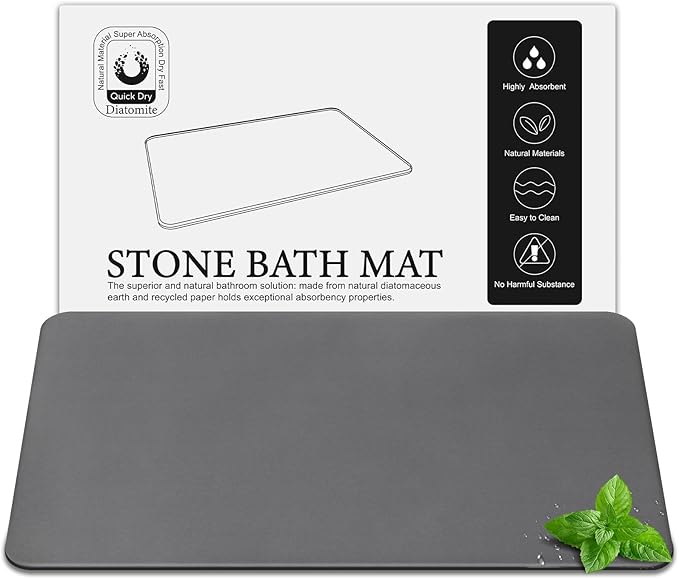 Large Diatomite Stone Bath Mat, Premium Non-Slip Natural Diatomaceous Earth Bathtub Fast Drying Mats for Bathroom Floor (30" x 17" Dark Grey)