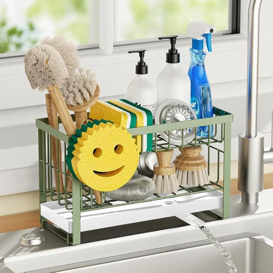 Sponge Holder for Kitchen Sink with Flexible Sink Caddy Smiley Face,2 Tier Kitchen Sink Organizer Countertop and Storage Essentials,Soap Dispenser Organize,Home Decor Accessories-Green