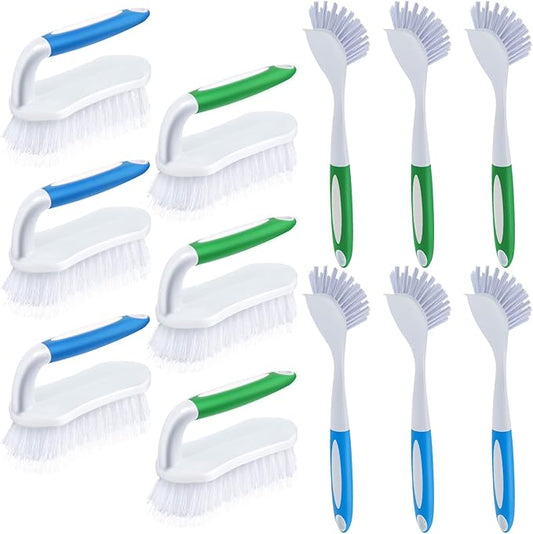 Hsei 12 Pcs Heavy Duty Scrub Brush Kit, Bathroom Bathtub Scrubber, Hard Bristle Cleaning Brush with Ergonomic Handle and Durable Bristles for Cleaning Carpet Kitchen Pots, Pans and Sinks