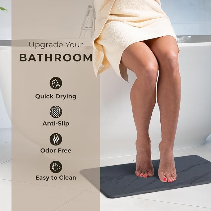 Stone Bath Mat, Diatomaceous Earth Non-Slip Stone Shower Mat - Quick Drying Absorbent Bath Mats for Bathroom - Elegant & Modern Design, Easy to Clean (23.5 x 15) - Graphite