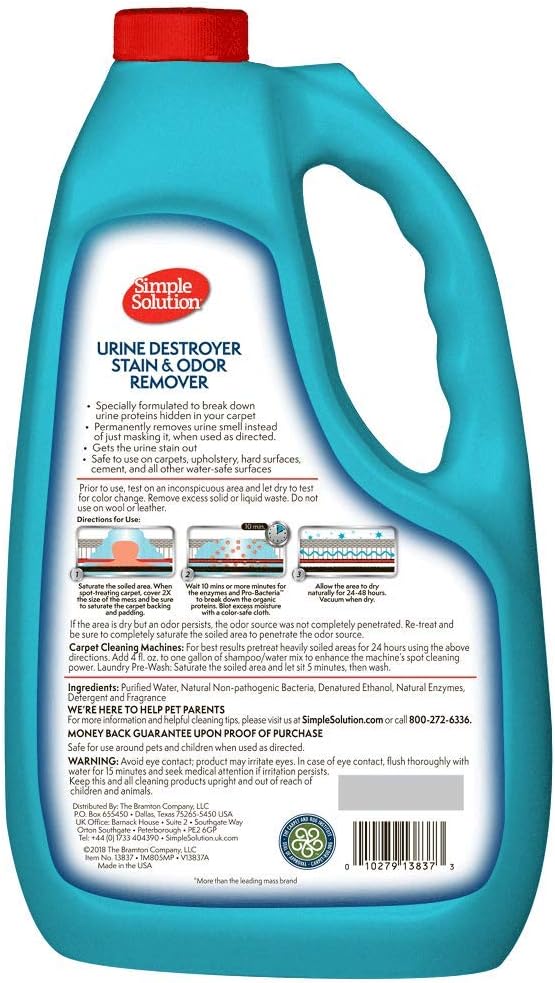 Simple Solution Urine Destroyer, Enzymatic Cleaner and Urine Odor Eliminator, Pet Stain Remover, Dog Pee Stain Destroyer, Cat Urine Neutralizer, Carpet Cleaner, Rug Deodorizer, Spot Cleaner, 1 Gallon