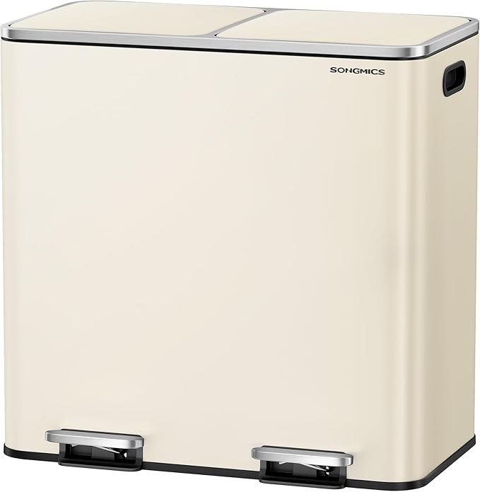 SONGMICS Trash Can, 2 x 10.6 Gallon (2 x 40 L) Garbage Can for Kitchen, with 15 Trash Bags, 2 Compartments, Plastic Inner Buckets and Hinged Lids, Airtight, Almond Color ULTB730A01V1