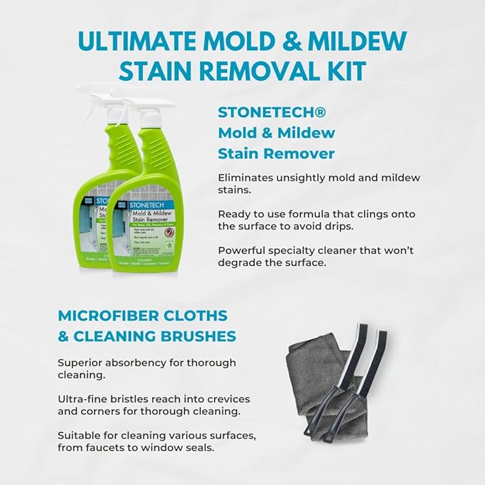 StoneTech Mold and Mildew Stain Remover Cleaning Kit | Kitchen, Patio, Shower, and Bathroom Cleaner for Natural Stone, Tile, and Grout, 2-Pack 24-Ounce Spray with Microfibers and Crevice Brushes