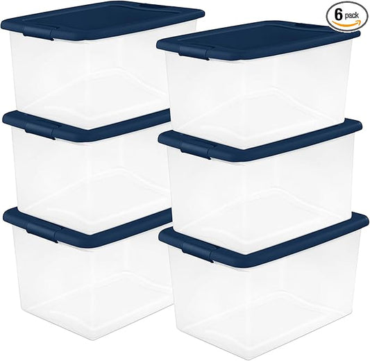 Sterilite 6-Pack Color Program, Large Clear Plastic Storage Bins with Lids, 64 Quart, Blue - Stackable Organizing Container Boxes for Closet, Bathroom, and Office