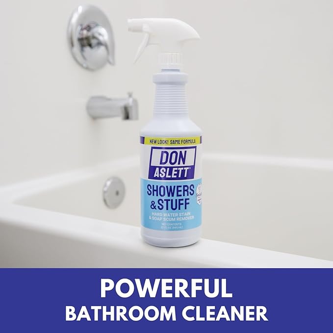 Don Aslett Showers and Stuff (32 Oz Spray Bottle, Pack of 2) Hard Water Stains and Soap Scum Remover | Cleans Bathroom Rust, Grout Tile Lines, Fiberglass Tub, Glass Shower Door Surfaces