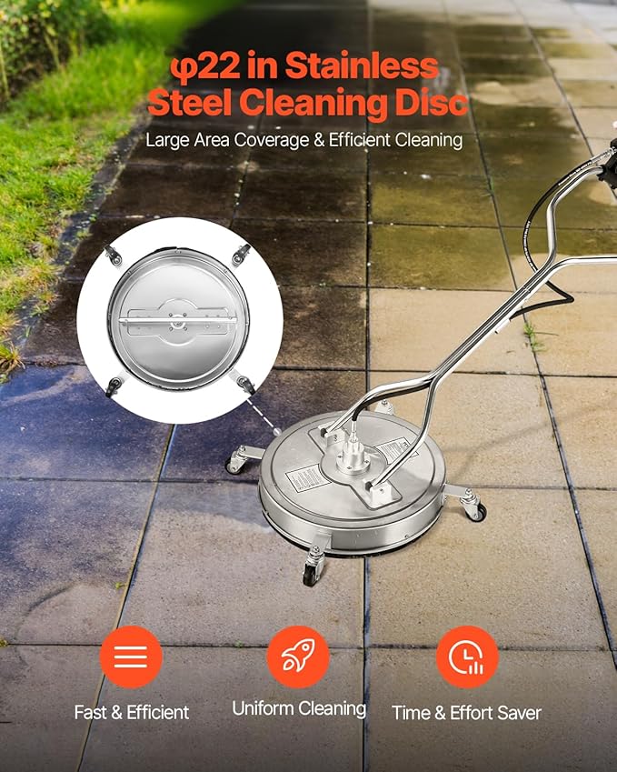 VEVOR 22" Pressure Washer Surface Cleaner, Stainless Steel Pressure Washer Attachments with 4 Wheels, 4500 Max PSI, 3/8 Quick Connector, 2 Spray Nozzles, Dual Handle, for Concrete, Patio, Sidewalk