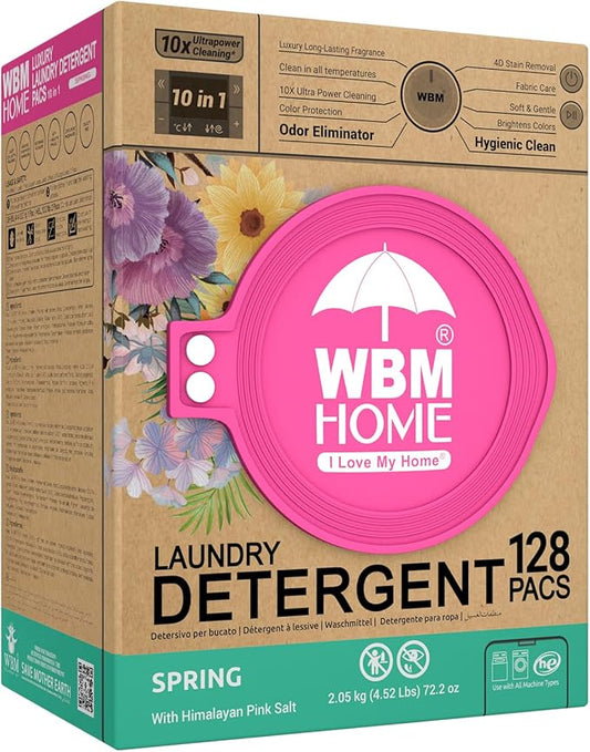 WBM Laundry Detergent Pods, Spring Fragrance Scent, 128 Count - HE Concentrated Laundry Pods With 10x Ultrapower Cleaning and 4D Laundry Stain Remover