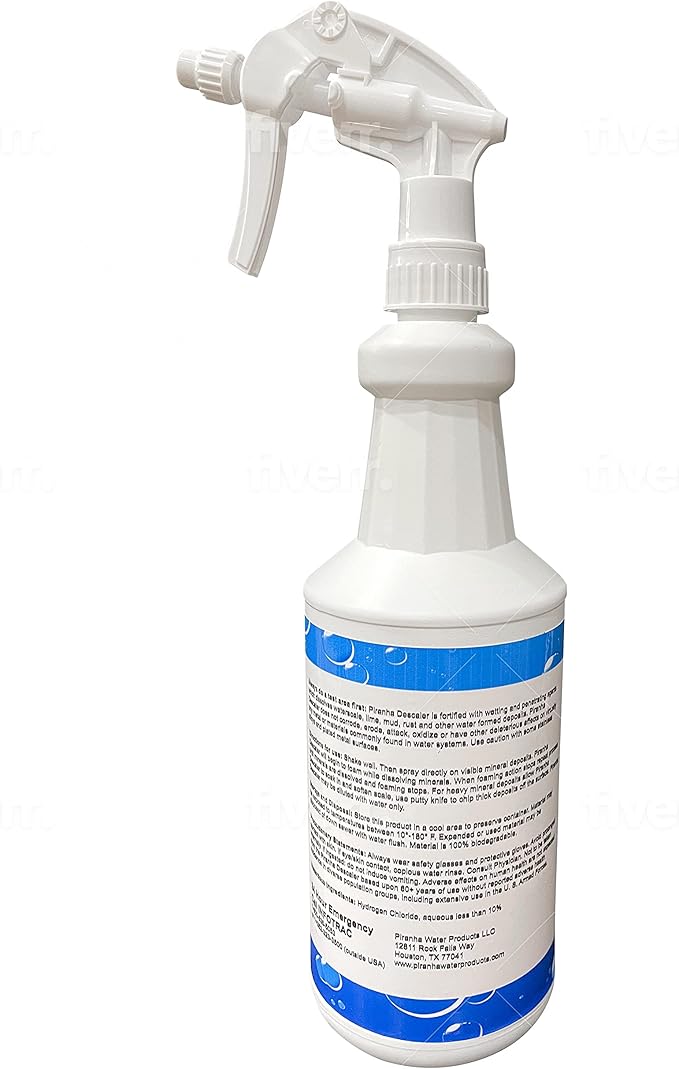 Piranha Water Pool Tile and Shower Calcium Descaling Spray - Biodegradable Rust Mineral Buildup Remover - Multi-Surface Lime Removal Spray - 32 oz