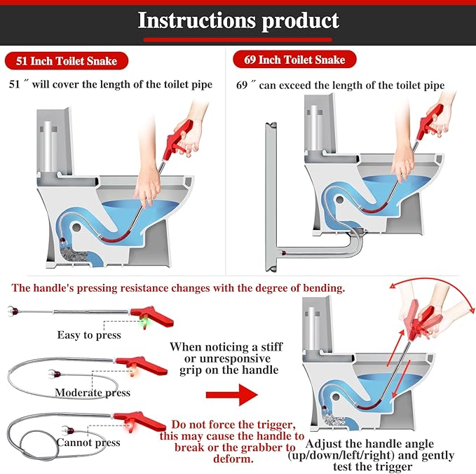 69" Toilet Auger Grabber Tool, Flexible Grabber Unclogging Tool, Four Jaw Pickup, Stainless Steel Telescoping Pole, Toilet Snake for Grabbing Objects Blocked in Toilet Pipes/Drains