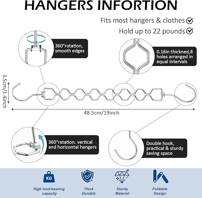10 Pack Space Saving Hangers for Clothes, Heavy Duty 30Lbs Capacity Magic Collapsible Clothes Space Saver Metal Hanger Organizer with 360° Swivel Hook, Closet Organizers Storage Dorm Essentials Silver