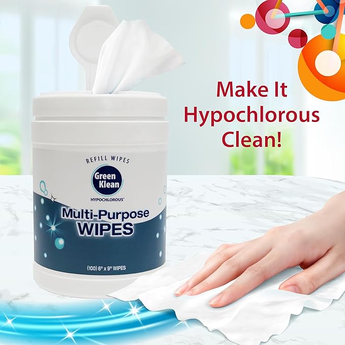 Hypochlorous Acid Wipes Starter Kit – 100 Count Dry Wipes with 32 oz Organic HOCl Cleaning Solution– Disinfecting Wipes for Skin, Baby, Pet & Home in a Reusable Container